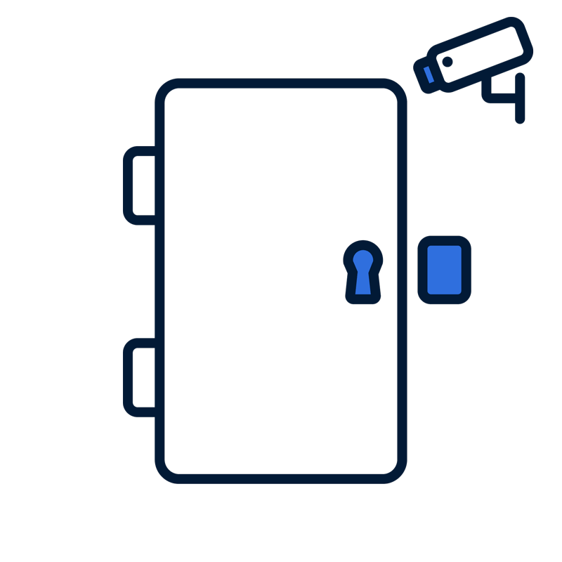 A building whose front door is opened with both a key and a key card, where every interior door beyond it demands another key-card or keypad check.