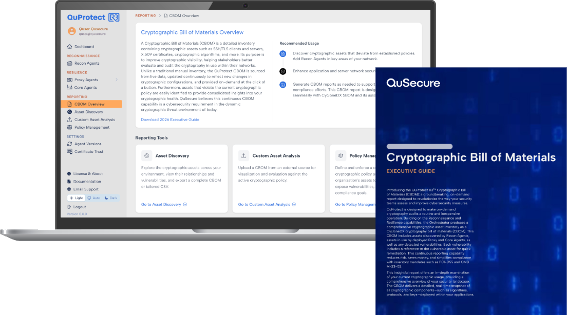 QuProtect R3's CBOM Overview screen, which describes what a cryptographic bill of materials contains and offers Asset Discovery, Custom Asset Analysis and Policy Management as its reporting tools, beside the cover of the Cryptographic Bill of Materials executive guide it generates.