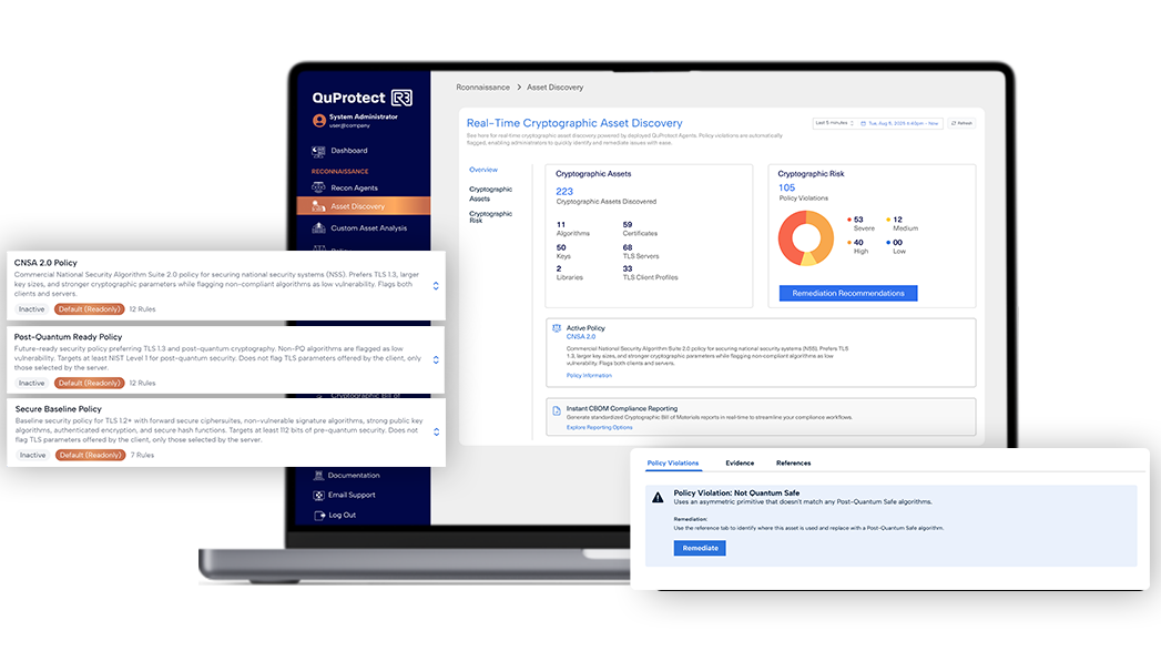 QuProtect R3 Reconnaissance: the Real-Time Cryptographic Asset Discovery screen, with the CNSA 2.0 and post-quantum policies beside it and a policy violation showing its remediation.