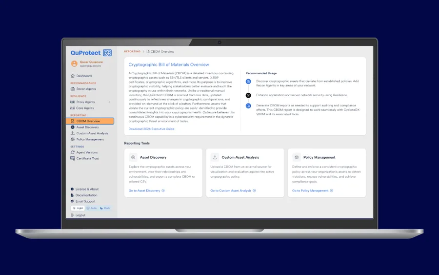 QuProtect Reporting Cryptographic Bill of Materials overview, with its asset discovery, custom asset analysis and policy management tools.