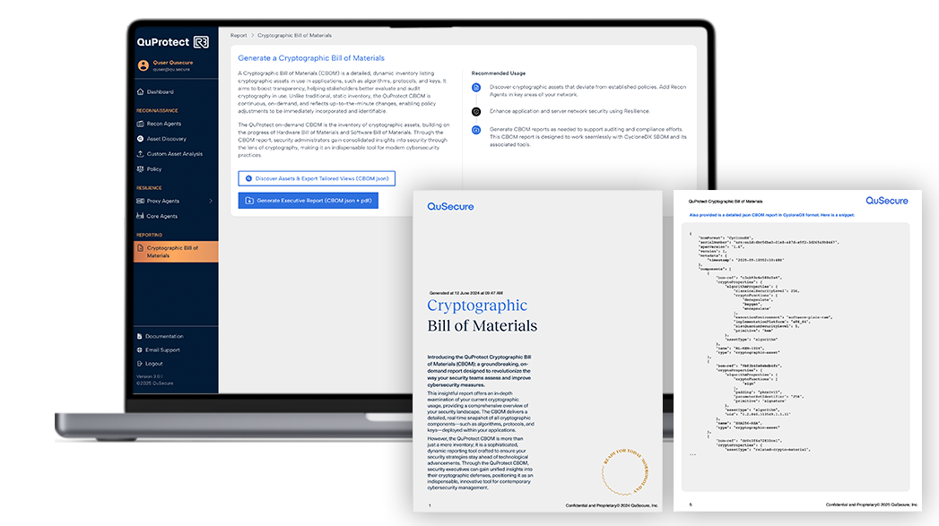 QuProtect R3 Reporting: the Cryptographic Bill of Materials generator, with the executive CBOM report and its CycloneDX JSON output alongside.