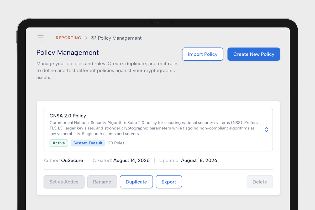 QuProtect R3 Policy Management: the CNSA 2.0 policy shown active and set as the system default, with its rule count and controls to duplicate, export or create a policy.