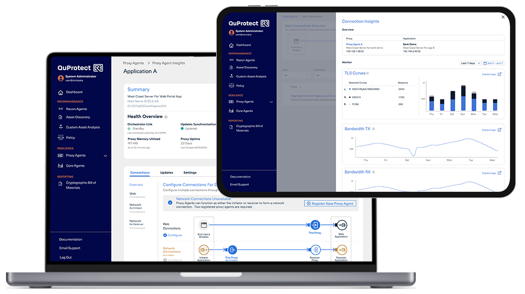 QuProtect R3 Resilience: proxy agent health and connection configuration for an application, with per-connection TLS curve and bandwidth insights alongside.