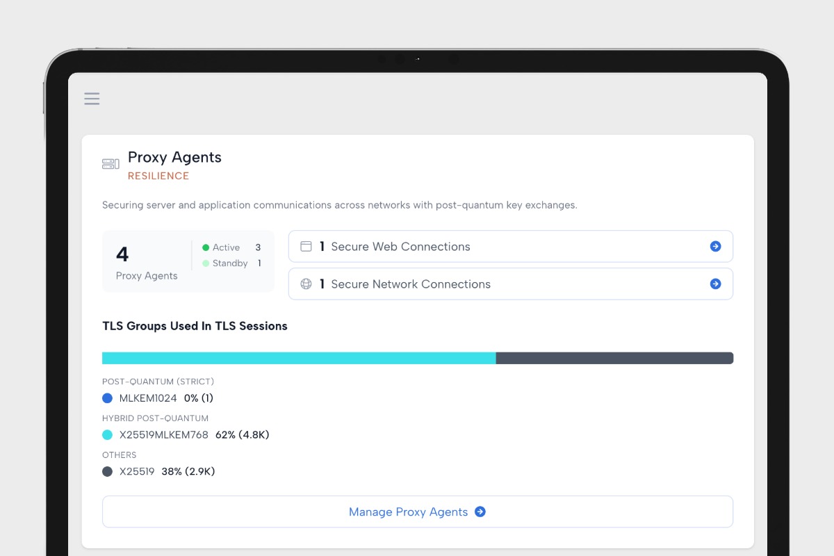 QuProtect R3 Resilience: proxy agent status beside secure web and network connections, with the distribution of TLS groups in use across post-quantum, hybrid post-quantum and legacy key exchanges.