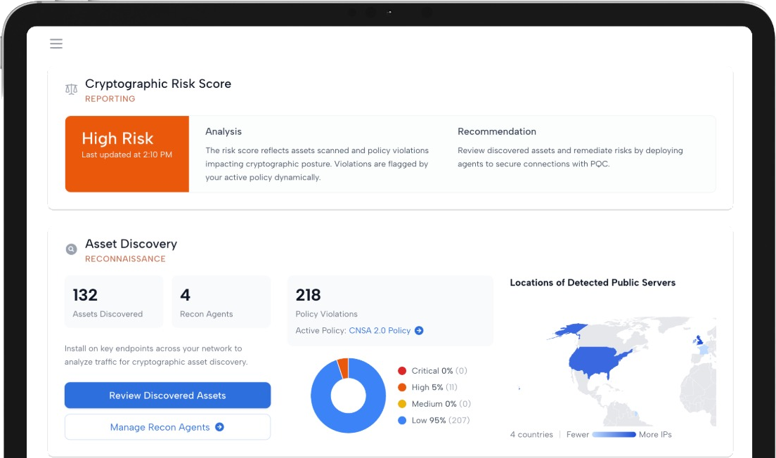 QuProtect R3's cryptographic risk score above its asset discovery panel, which counts the assets found, the recon agents reporting and the policy violations raised against the active policy, breaks those violations down by severity, and maps where the public servers it found are located.